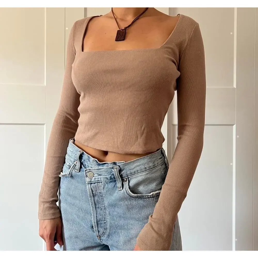 Zara Ribbed Square Neck Long Sleeve Crop Top Taupe Beige Size Small